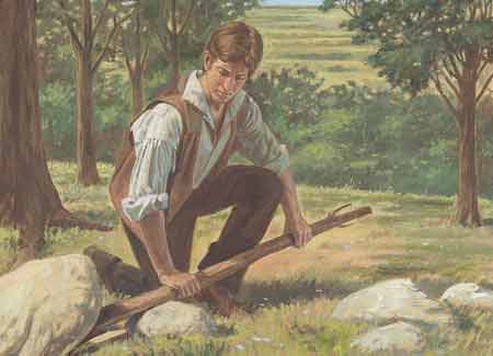 Joseph Smith prying a rock covering off the stone box.